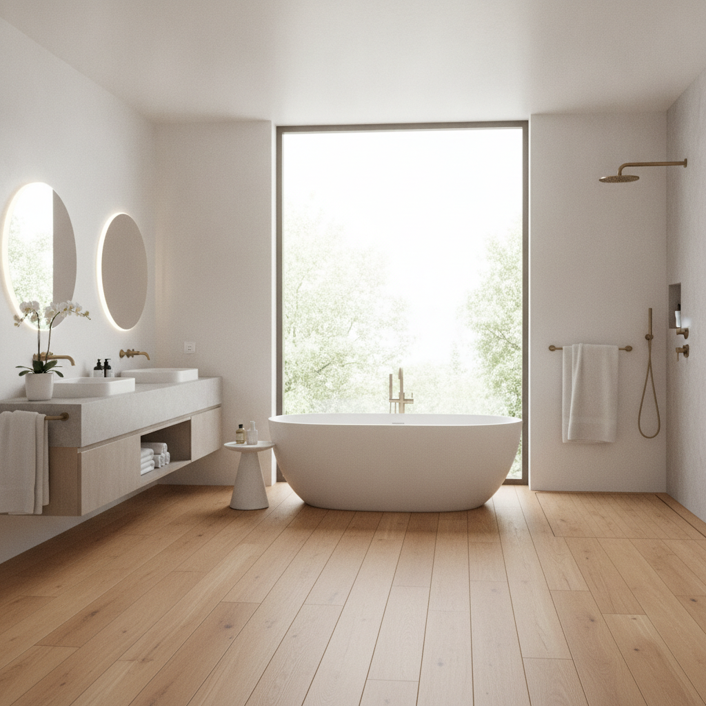 A bright, modern spa-like bathroom featuring waterproof natural oak colored flooring, a freestanding tub, and a large window.