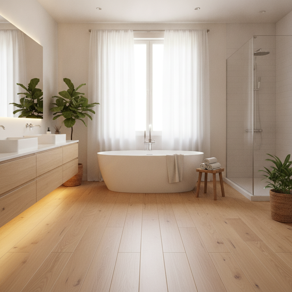 A luxurious, spa-like bathroom with a freestanding tub and floating vanity, featuring warm hybrid hardwood flooring.