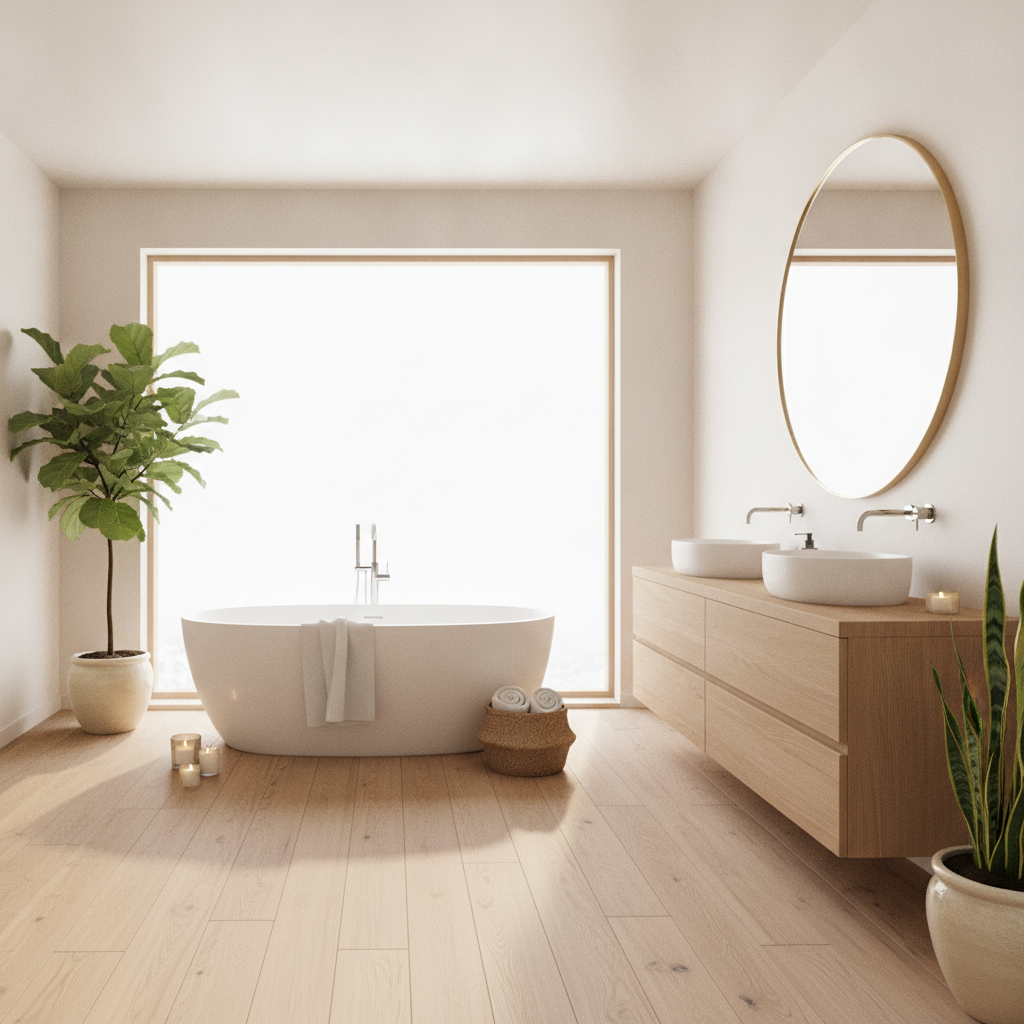 A bright, luxurious spa-like bathroom featuring a freestanding tub and light-toned waterproof hybrid hardwood floors, creating a warm and serene atmosphere.