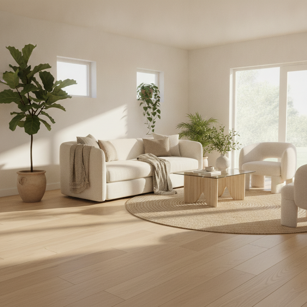 A sun-drenched living room with an Organic Modern style, featuring wide-plank light oak hybrid flooring, a linen sofa, and soft white walls.