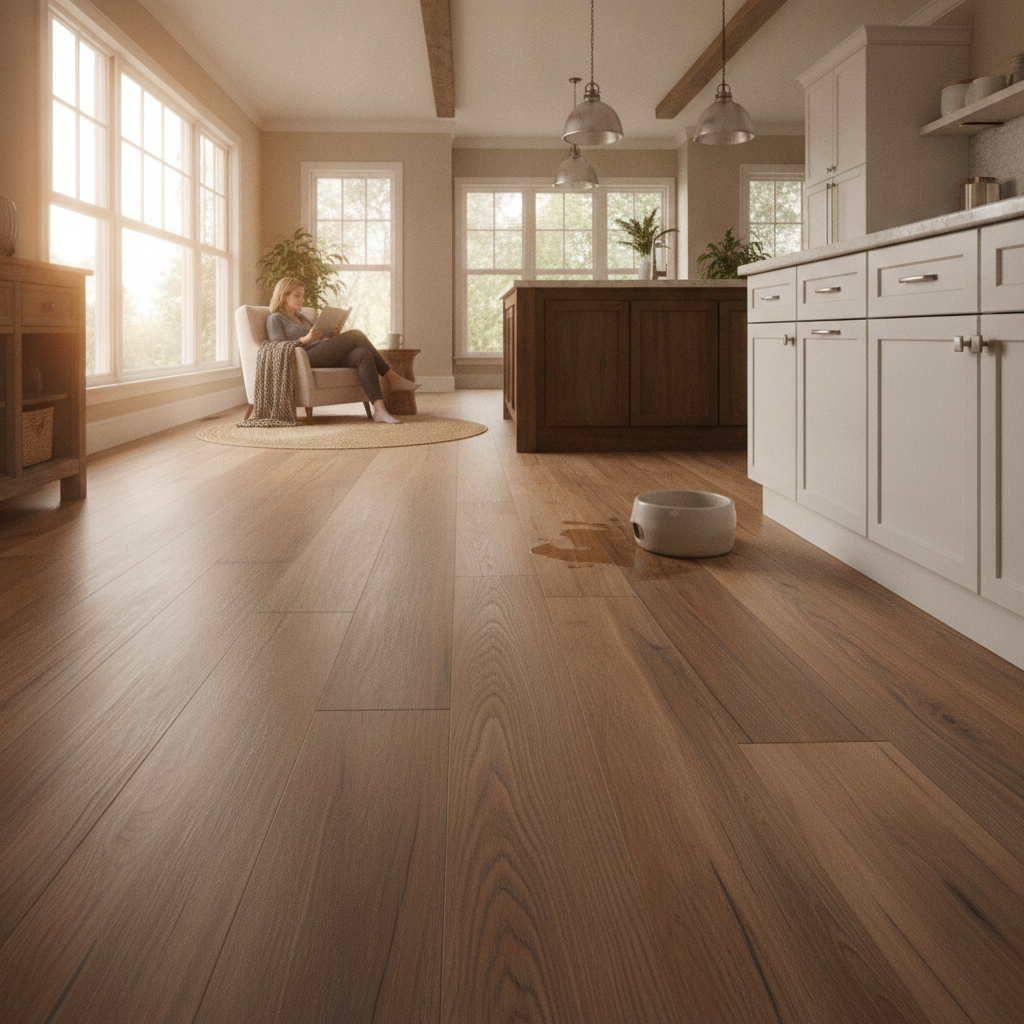 A bright, modern farmhouse kitchen with wide-plank hickory hybrid hardwood floors, white cabinets, and a large island, creating a warm and inviting atmosphere.