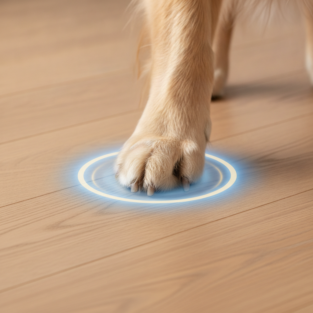 A macro shot of a dog's paw on scratch-resistant hybrid hardwood flooring, with a glowing shield effect illustrating the durable wear layer.