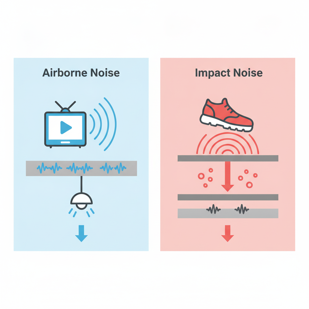 Infographic comparing airborne noise, shown as sound waves from a TV vibrating a ceiling, with impact noise, shown as a footstep creating direct vibrations through the floor.