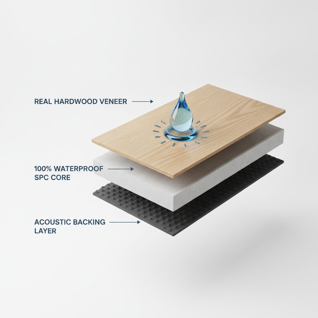 3D cutaway diagram of a Bravewood plank showing its layers: Real Hardwood Veneer, 100% Waterproof SPC Core, and an Acoustic Backing Layer, with a water droplet bouncing off.
