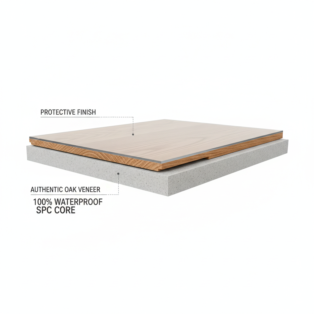 A 3D cross-section of a Bravewood hybrid hardwood plank showing its layers: a real hardwood veneer, a protective finish, and a 100% waterproof SPC core.