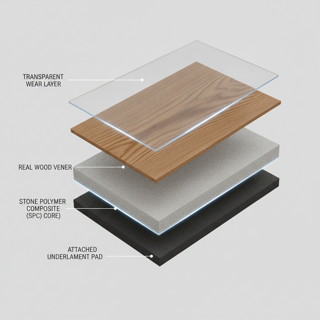 A detailed, 3D cutaway illustration of a single plank of waterproof hybrid hardwood flooring. Each layer is clearly visible and separated by a subtle glowing line: a transparent top wear layer, a thin real wood veneer with realistic grain, a thick and dense stone polymer composite (SPC) core, and a final attached underlayment pad.