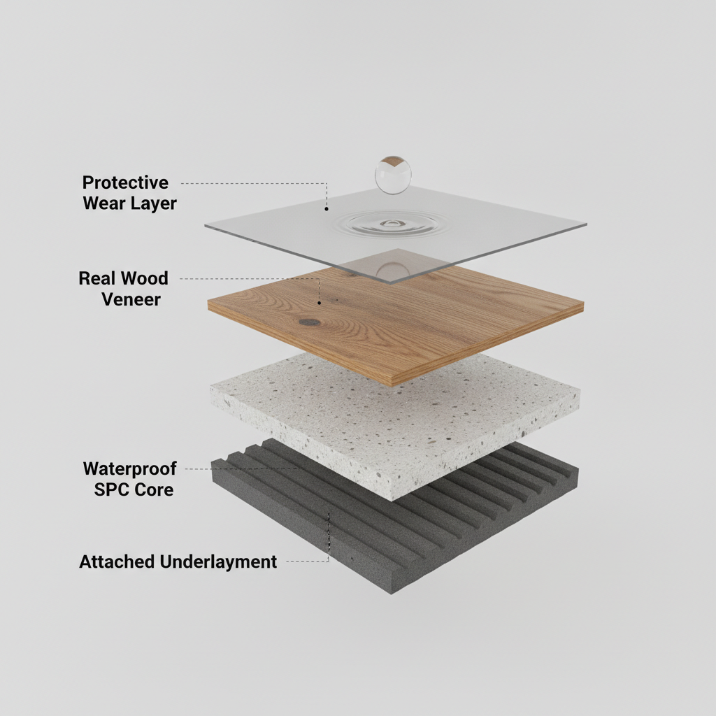 A 3D diagram showing the four layers of hybrid hardwood flooring: protective wear layer, real wood veneer, waterproof SPC core, and attached underlayment.