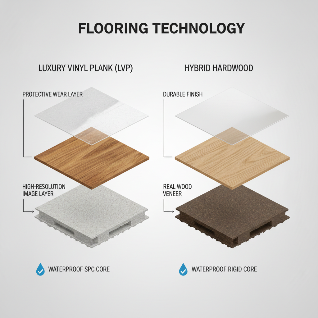 An infographic showing the cross-section layers of Luxury Vinyl Plank and Hybrid Hardwood flooring, including the wear layer, image/veneer layer, and waterproof core.