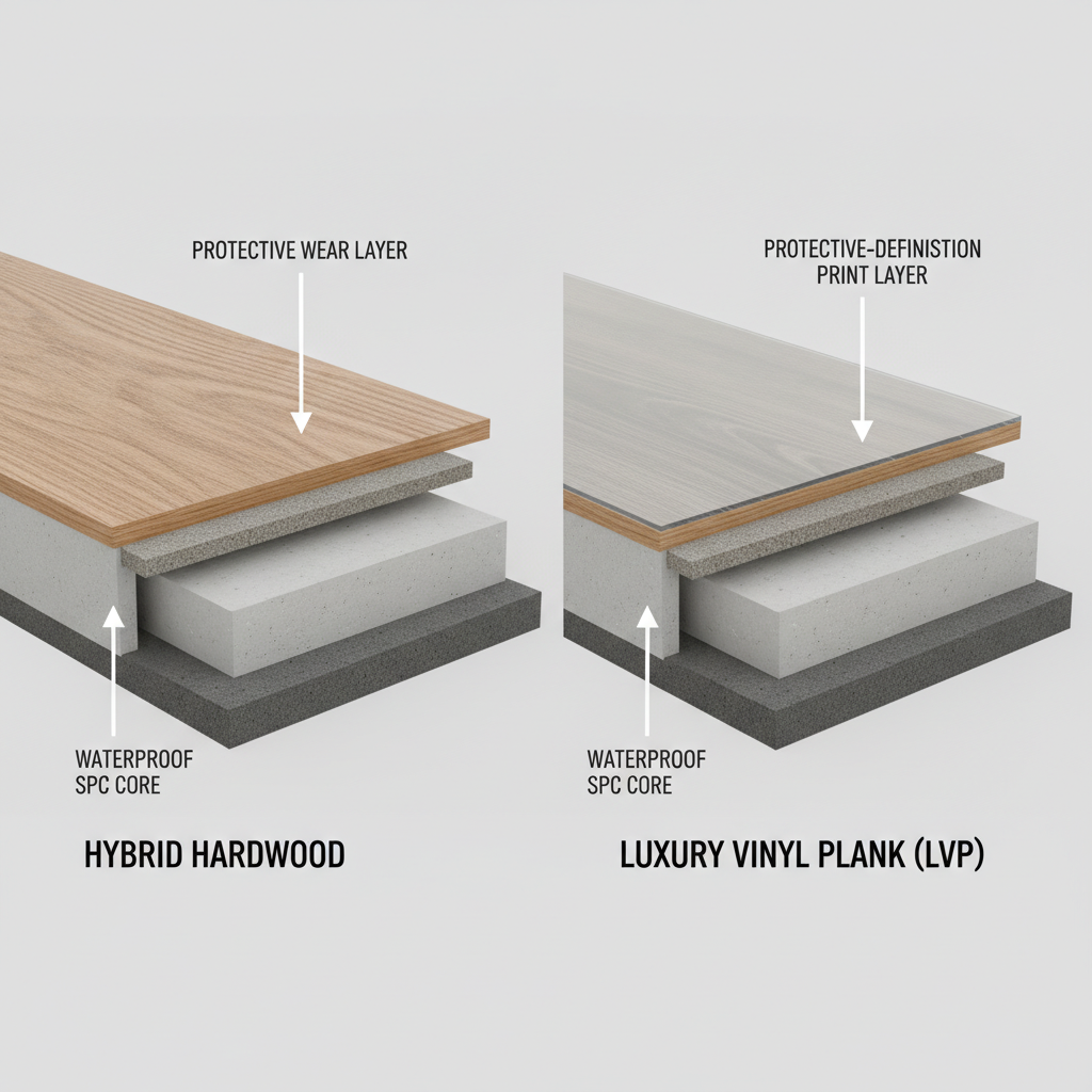 A 3D cross-section comparing two flooring planks: Hybrid Hardwood with a real wood veneer and SPC core, and Luxury Vinyl Plank (LVP) with a protective wear layer, print layer, and SPC core.