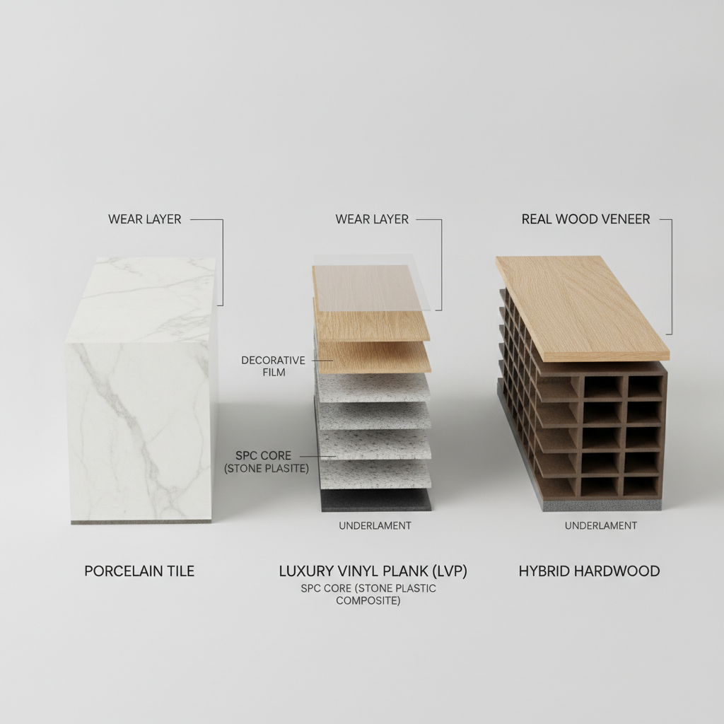 Infographic showing cross-sections of porcelain tile, luxury vinyl plank, and hybrid hardwood flooring materials.