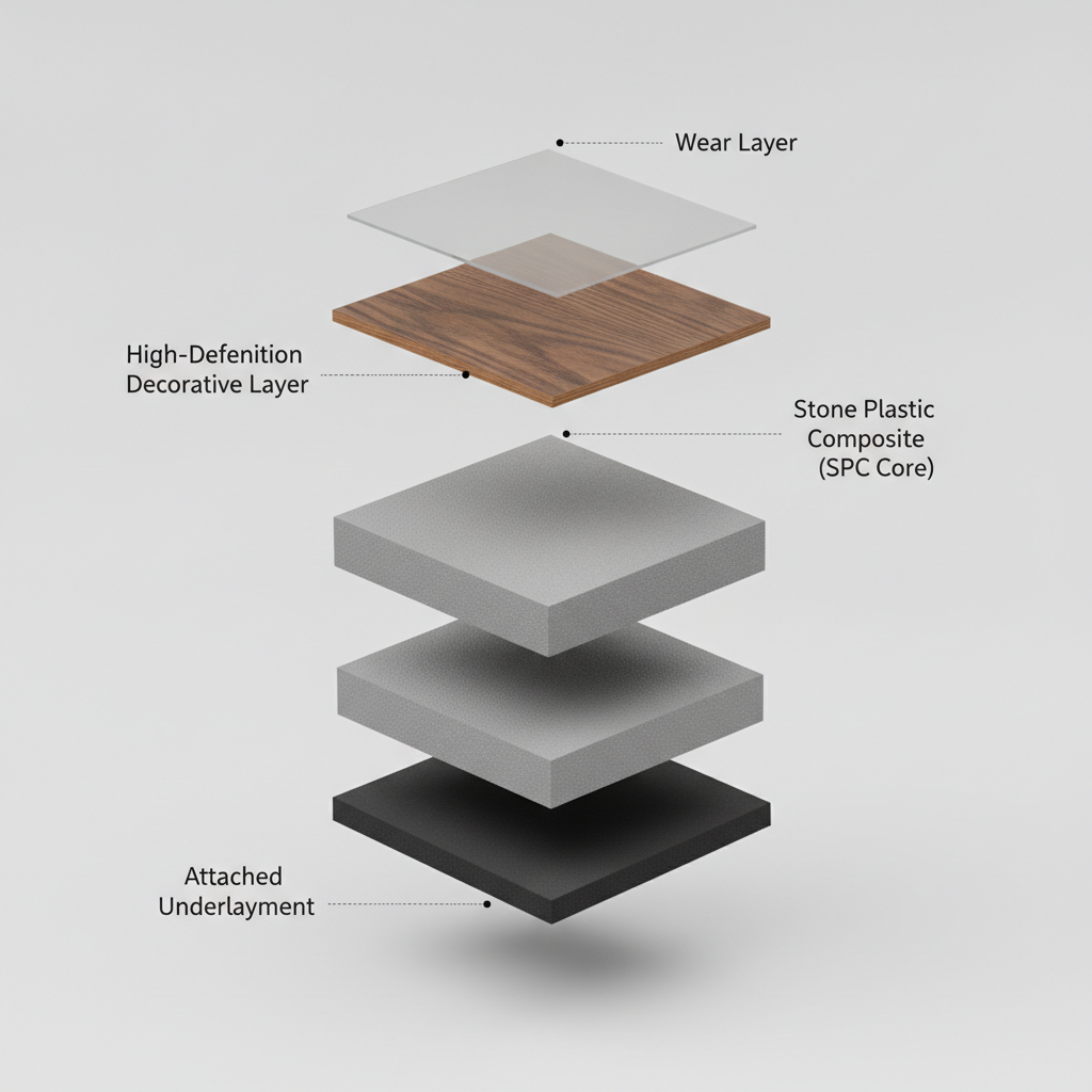 Anatomy of Waterproof Hybrid Hardwood A 3D exploded-view diagram of a waterproof hybrid hardwood plank, labeling its layers: Wear Layer, Decorative Layer, SPC Core, and Attached Underlayment.