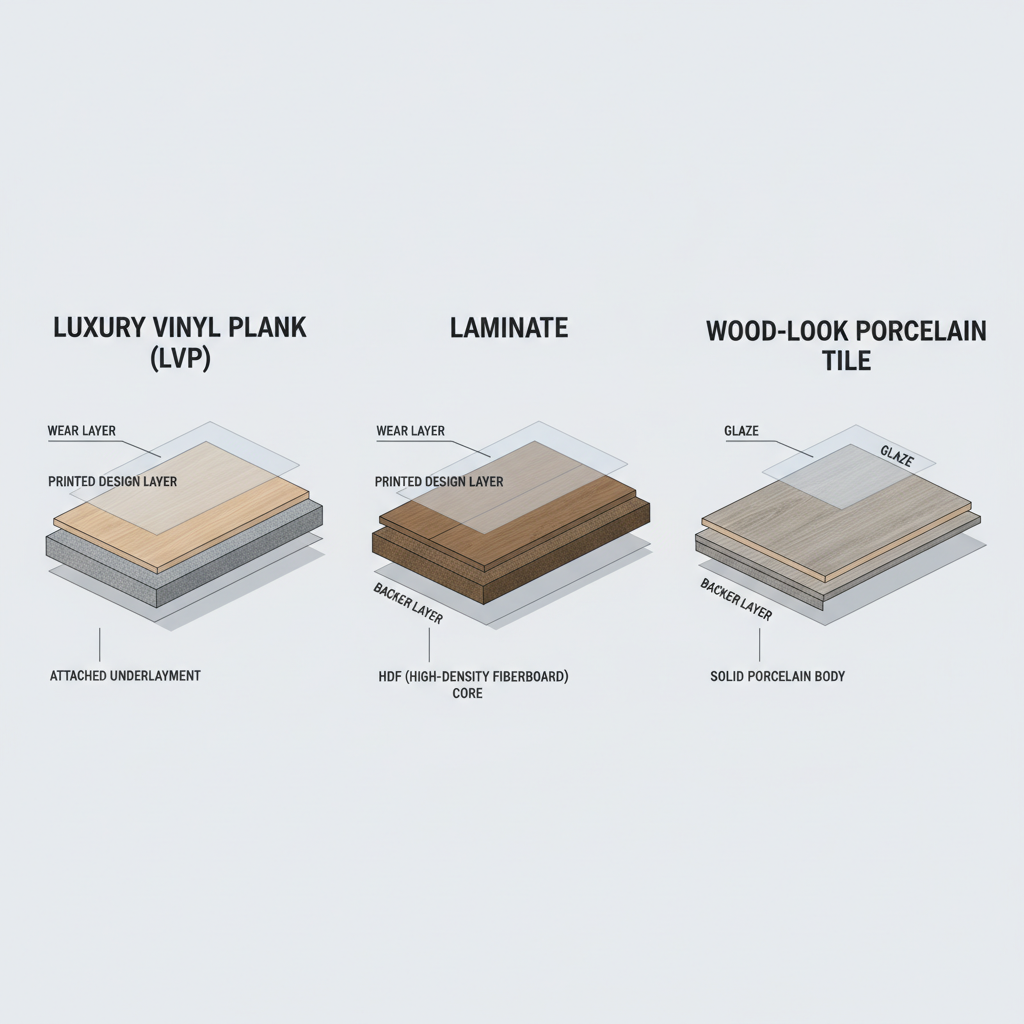 Cross-section diagrams of LVP, Laminate, and Wood-Look Tile, showing their distinct layers and construction.