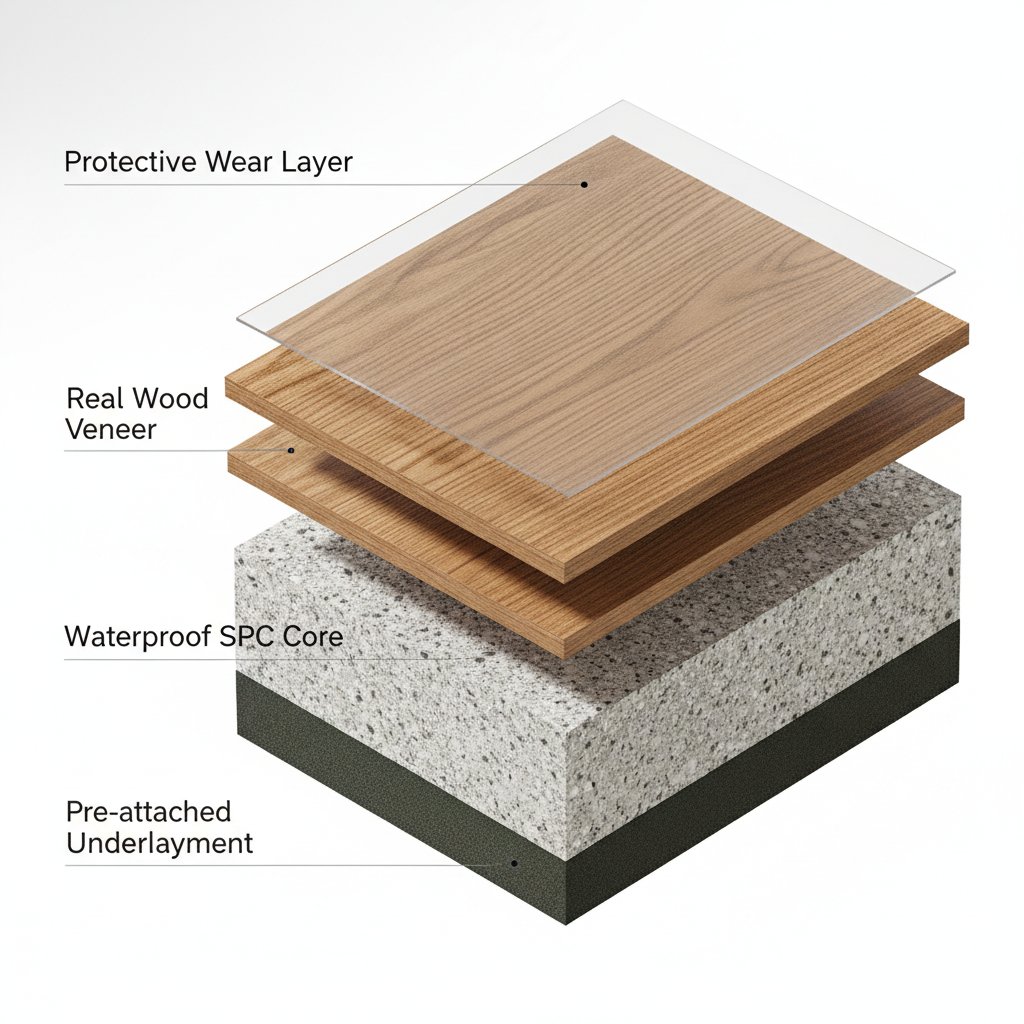 A detailed 3D cutaway illustration of a hybrid hardwood flooring plank, showcasing its distinct layers. Clearly label the four layers from top to bottom: 'Protective Wear Layer', 'Real Wood Veneer', 'Waterproof SPC Core', and 'Pre-attached Underlayment'. The style should be clean, modern, and technical, like a product diagram, with photorealistic textures, especially on the wood grain and stone-polymer core.