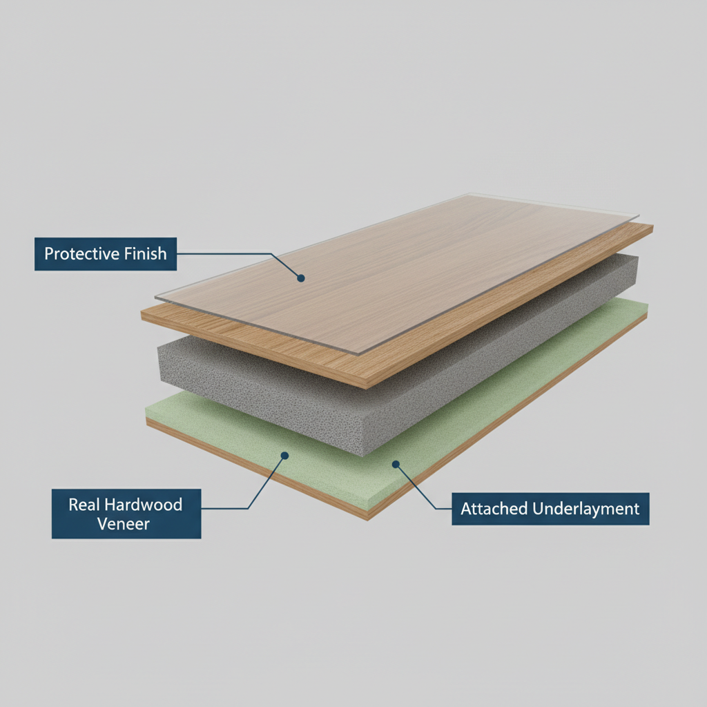 Anatomy of a Bravewood Hybrid Hardwood Plank A cutaway diagram of a Bravewood hybrid hardwood plank showing its four layers: Protective Finish, Real Hardwood Veneer, Rigid Composite Core, and Attached Underlayment.