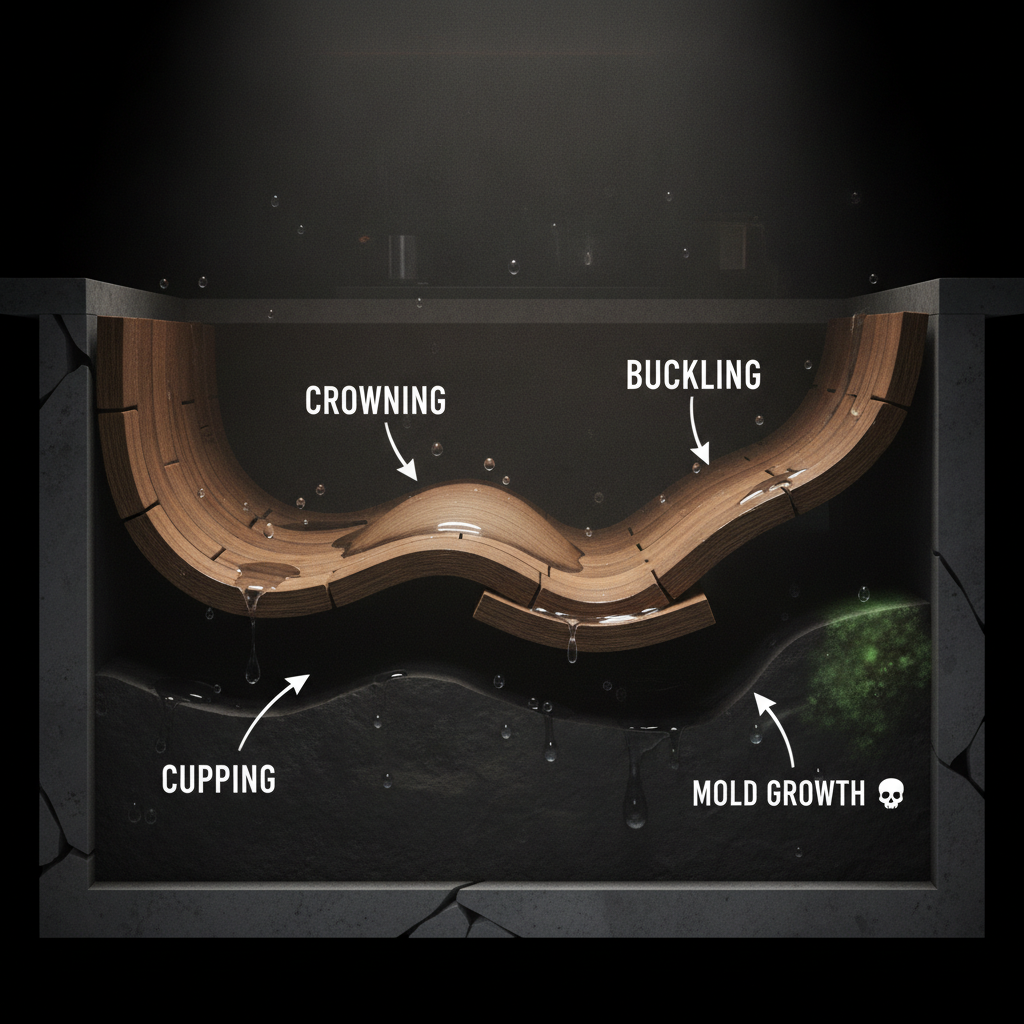 A 3D diagram illustrating flooring failure modes: cupping, crowning, and buckling of planks over a damp, moldy subfloor.