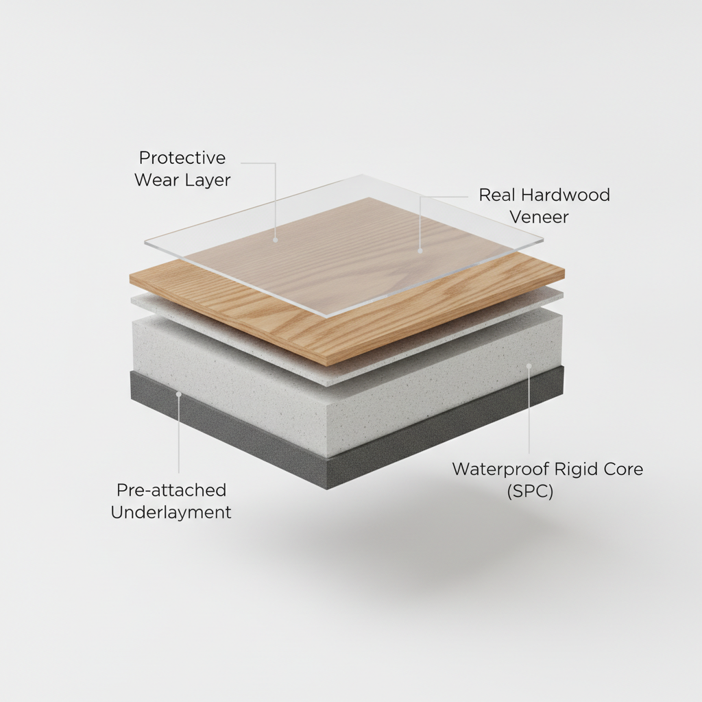 A 3D cutaway diagram of a hybrid hardwood plank showing its four layers: Protective Wear Layer, Real Hardwood Veneer, Waterproof Rigid Core, and Pre-attached Underlayment.