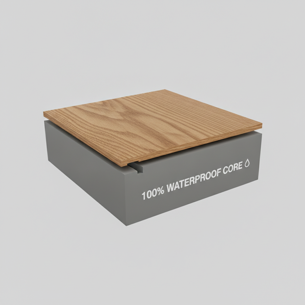 A 3D cross-section of a hybrid hardwood plank showing the real wood veneer top layer and the 100% waterproof SPC core.
