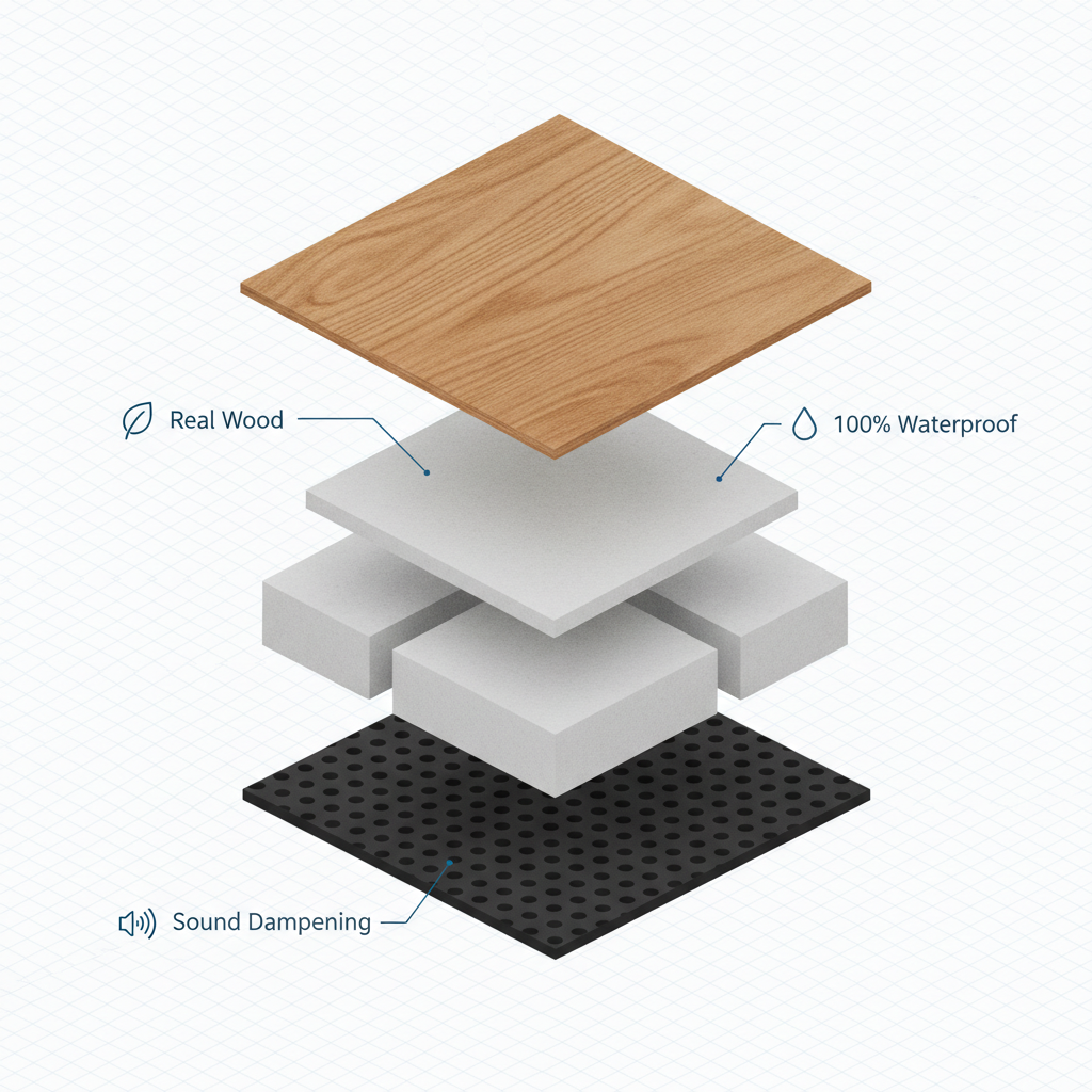 Anatomy of a Hybrid Hardwood Plank A 3D technical illustration showing the layers of a hybrid hardwood plank: real wood veneer, waterproof SPC core, and attached underlayment.