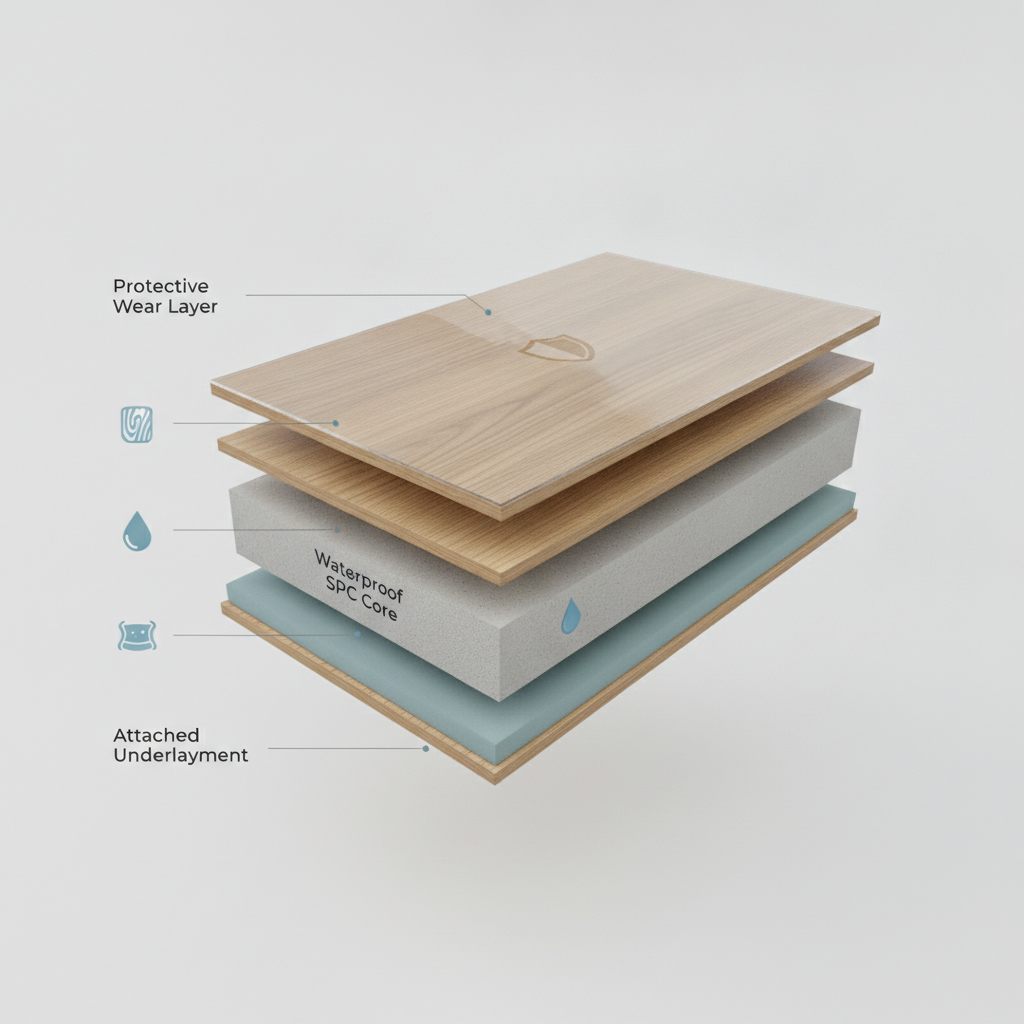 A 3D cutaway illustration showing the layers of a hybrid hardwood plank: Protective Wear Layer, Decorative Layer, Waterproof SPC Core, and Attached Underlayment.