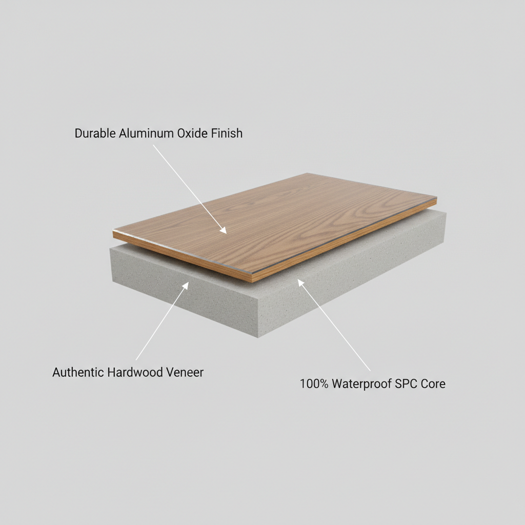 A 3D diagram showing the cross-section of a hybrid hardwood plank, with labels pointing to the Durable Aluminum Oxide Finish, Authentic Hardwood Veneer, and 100% Waterproof SPC Core.