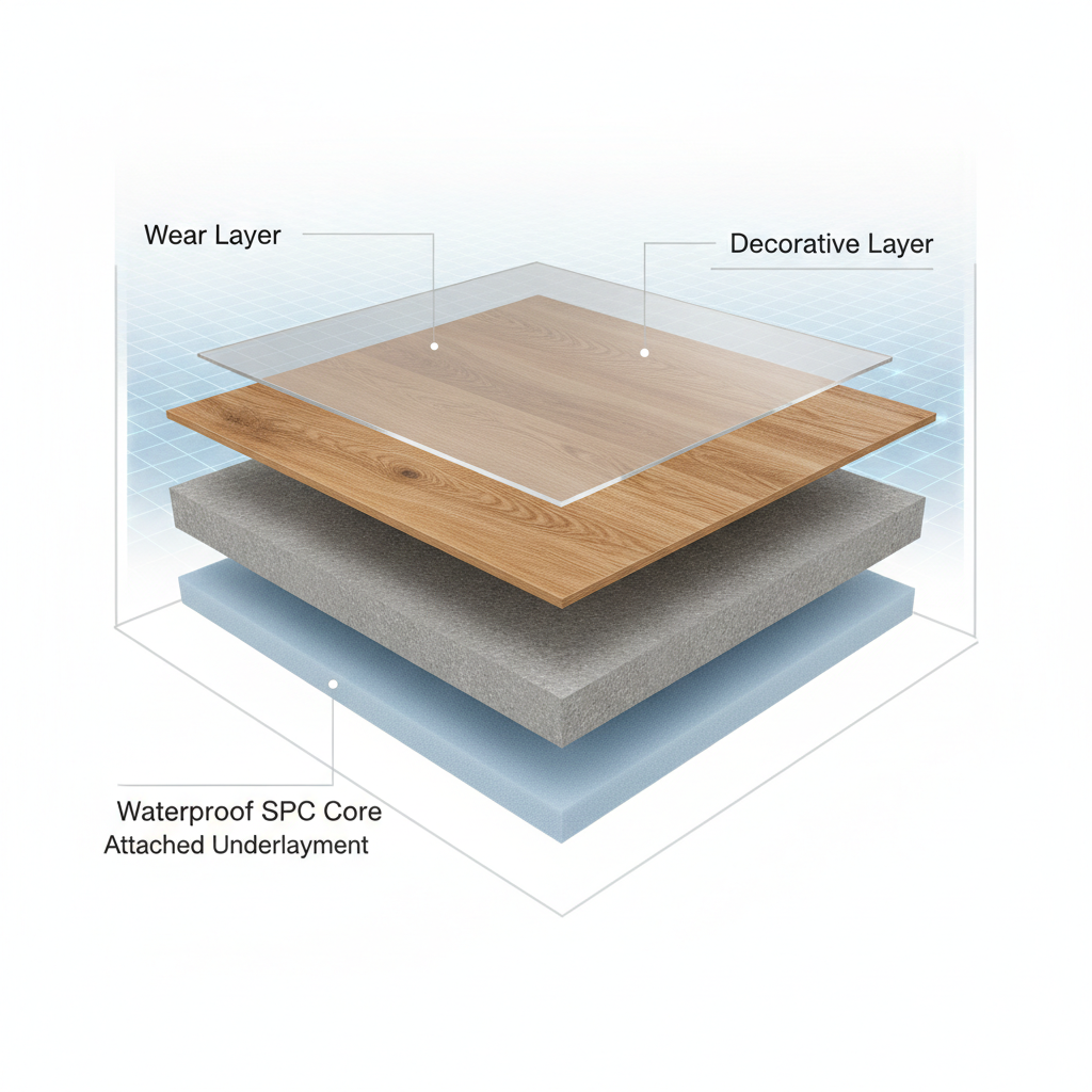 A 3D cross-section diagram of a waterproof flooring plank showing four layers: Wear Layer, Decorative Layer, Waterproof SPC Core, and Attached Underlayment.
