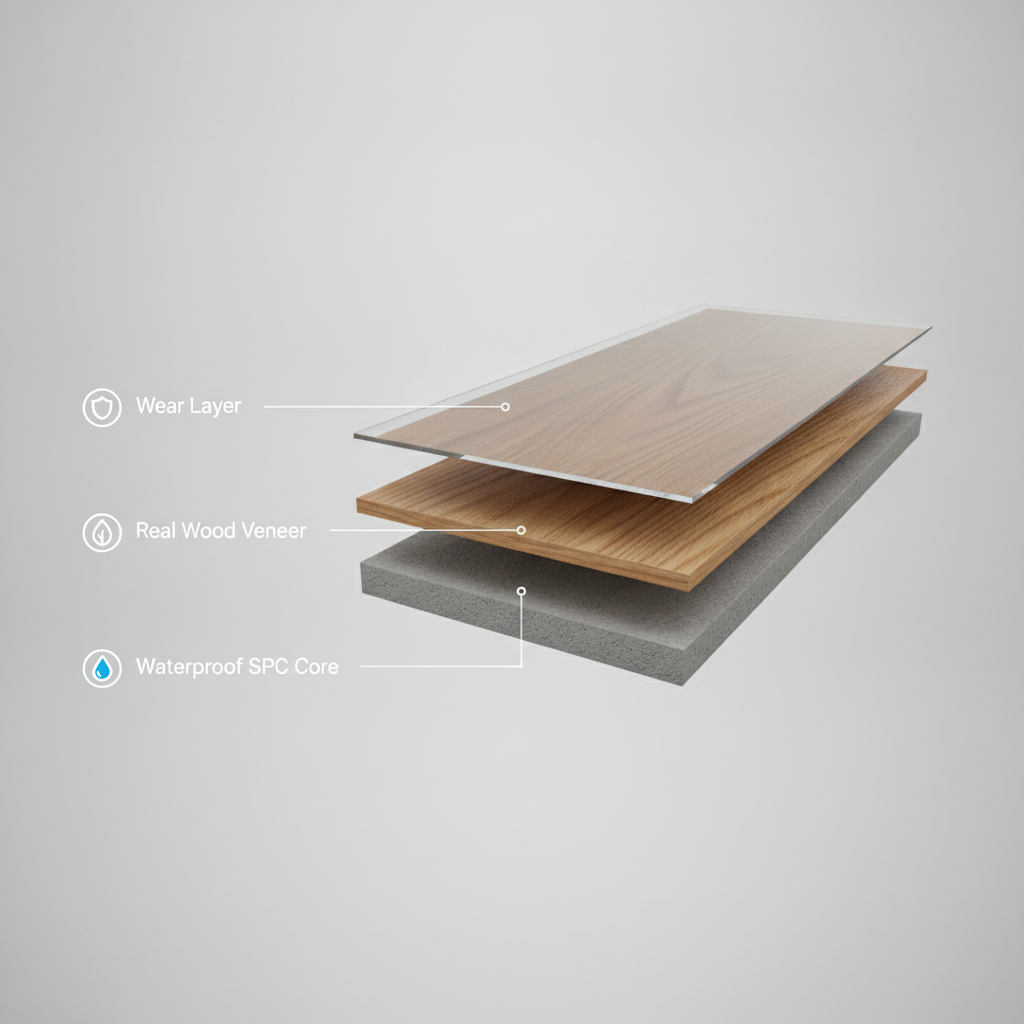 A 3D cross-section rendering of a waterproof hybrid hardwood plank, with labeled layers for the wear layer, real wood veneer, and waterproof SPC core.