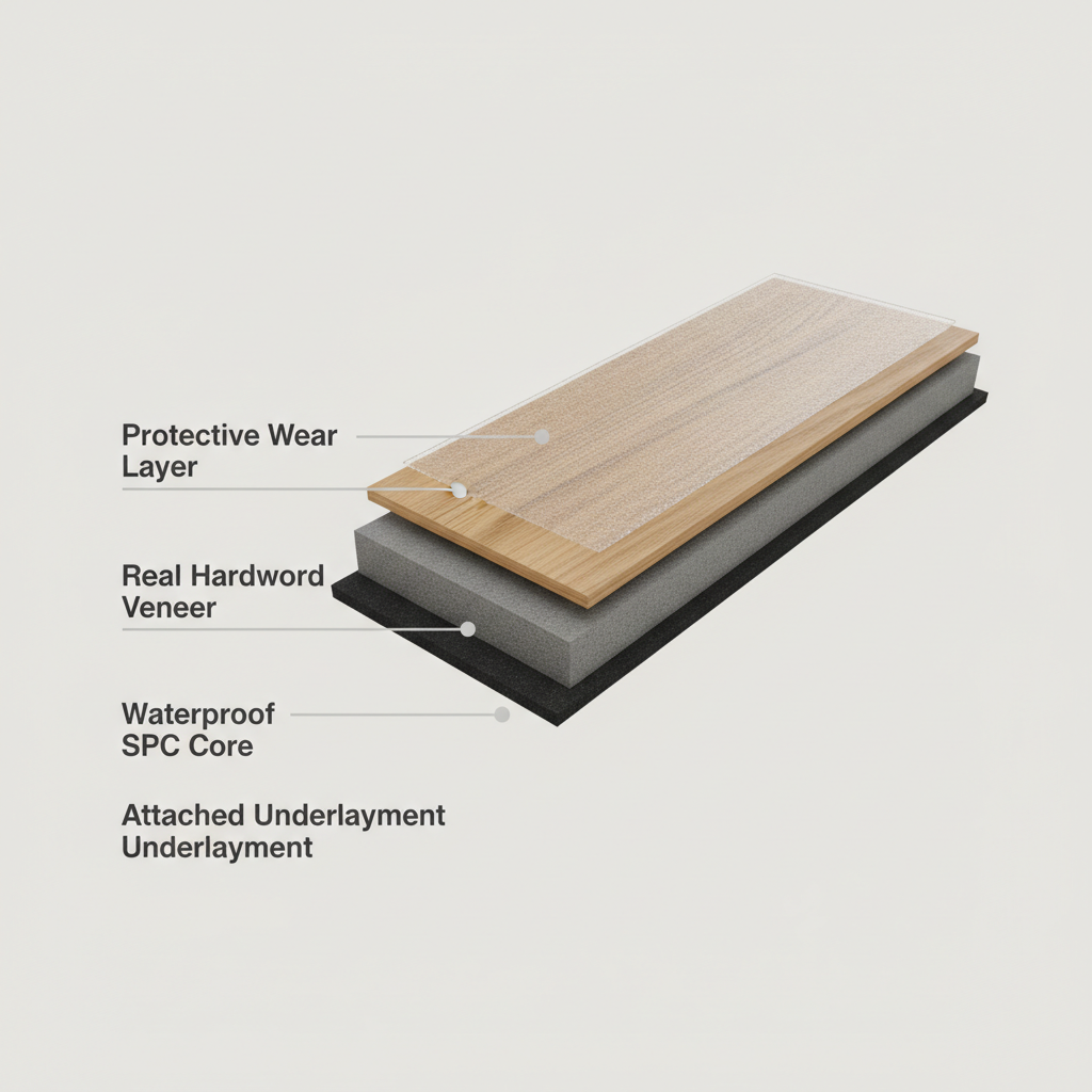 A 3D cross-section diagram of a waterproof hybrid hardwood plank, showing its four layers: Protective Wear Layer, Real Hardwood Veneer, Waterproof SPC Core, and Attached Underlayment.