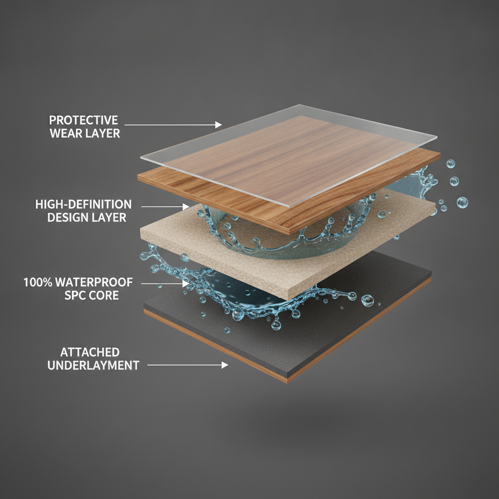 A 3D cutaway diagram showing the layers of a waterproof floor plank: Protective Wear Layer, High-Definition Design Layer, 100% Waterproof SPC Core, and Attached Underlayment.