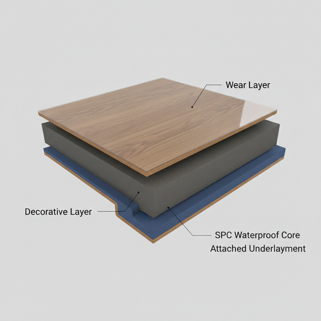 A 3D cross-section diagram of a waterproof flooring plank, showing its layers: Wear Layer, Decorative Layer, SPC Waterproof Core, and Attached Underlayment.