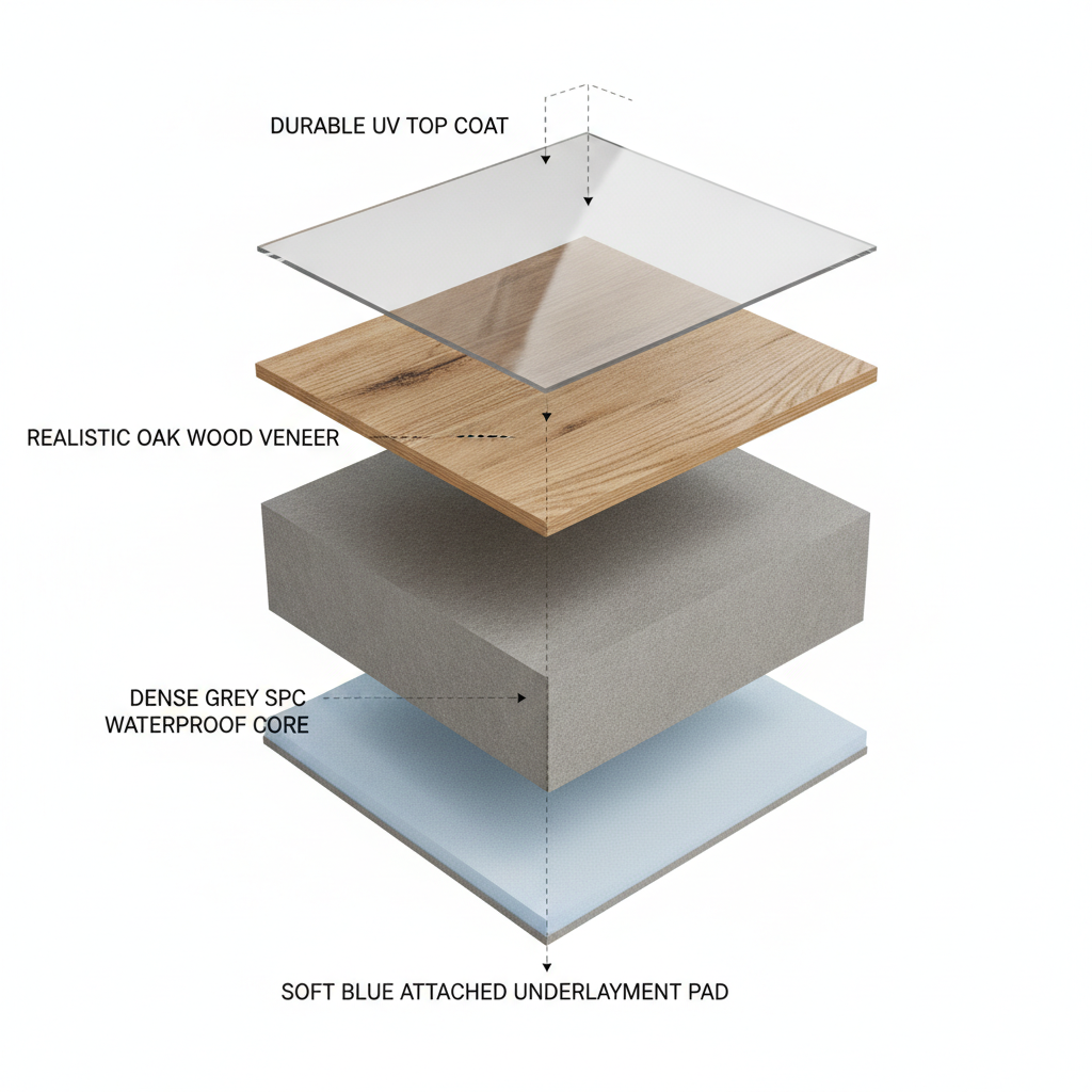 A detailed 3D render showing an exploded, cross-section view of a hybrid waterproof hardwood flooring plank. Clearly show the four distinct layers from top to bottom: a durable UV top coat, a thin, realistic oak wood veneer, a dense grey SPC waterproof core, and a soft blue attached underlayment pad. The image should have a clean, white background with a modern, technical, and informative feel.