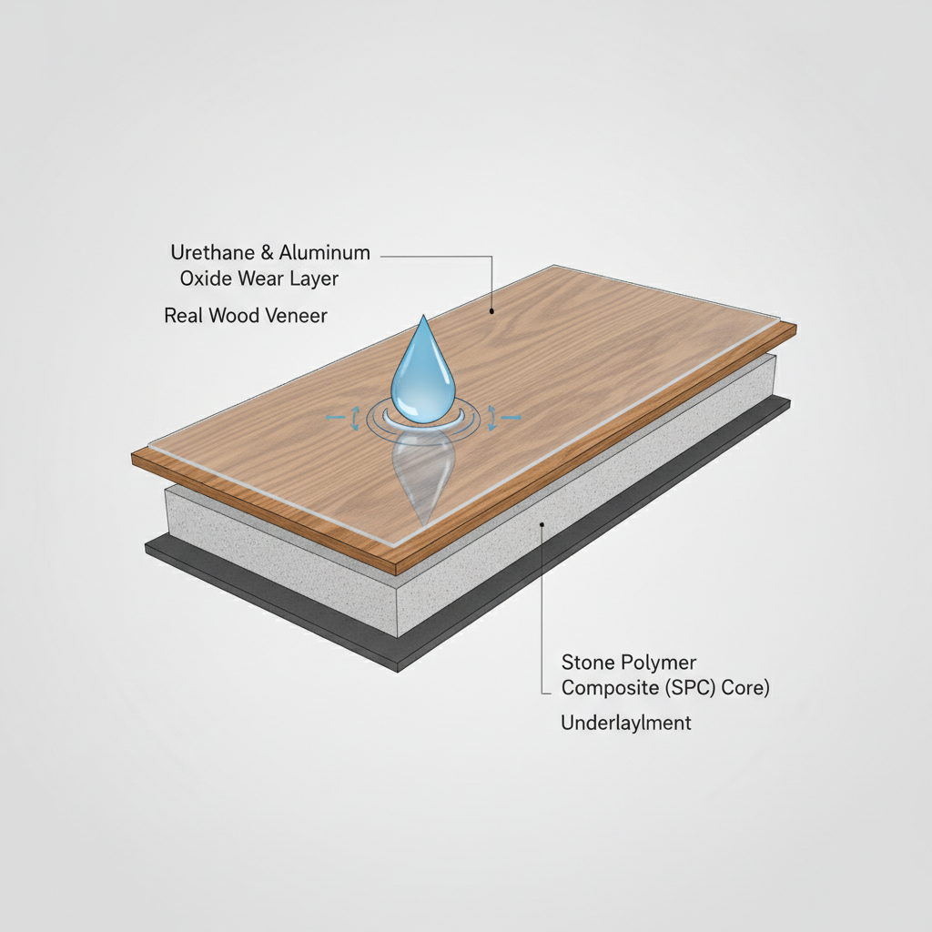 3D cutaway diagram of a waterproof hardwood plank showing its layers: wear layer, real wood veneer, and SPC core.