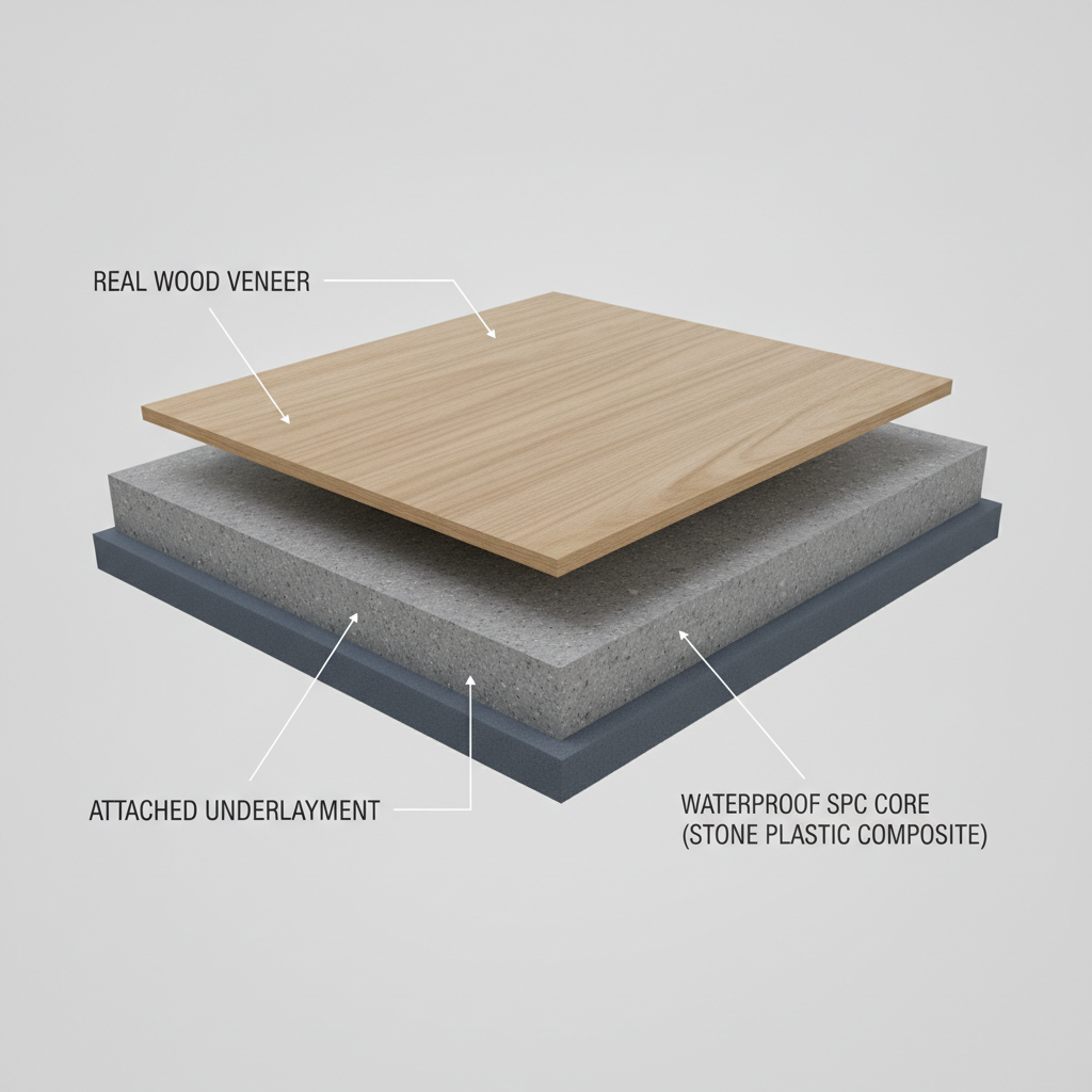 3D cutaway diagram of a waterproof hybrid flooring plank showing its layers: real wood veneer, waterproof SPC core, and attached underlayment.