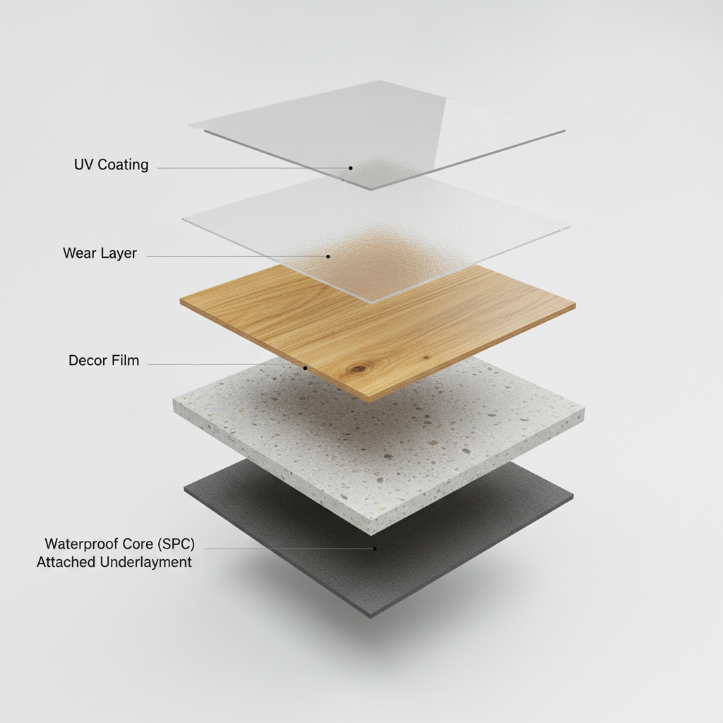 A clean, 3D exploded diagram of a waterproof hybrid flooring plank, showing its distinct layers stacked vertically. From top to bottom: a subtle UV Coating sheen, a transparent Wear Layer, a realistic wood grain Decor Film, a dense gray Waterproof Core with stone-like flecks (SPC), and a soft Attached Underlayment pad.