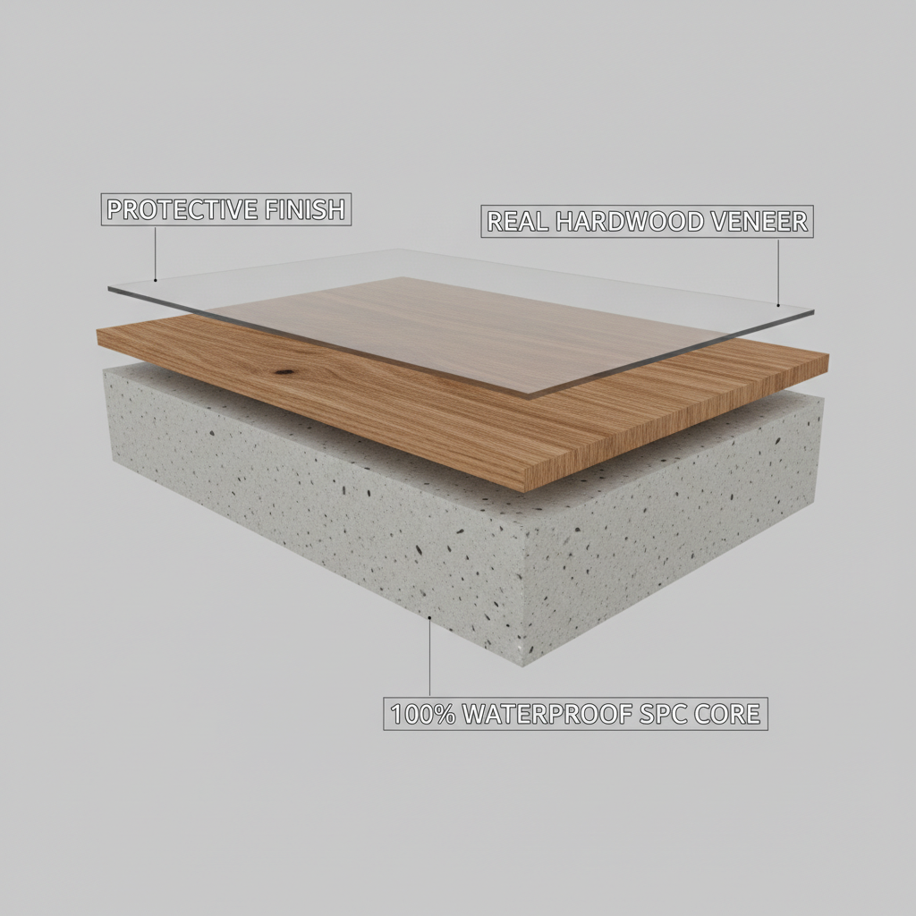 3D cross-section diagram showing the layers of a waterproof hybrid hardwood plank: Protective Finish, Real Hardwood Veneer, and Waterproof SPC Core.