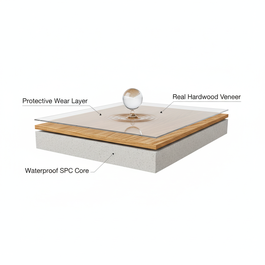A 3D cutaway rendering of a waterproof hybrid hardwood plank showing its layers: a protective wear layer, a real hardwood veneer, and a waterproof SPC core.