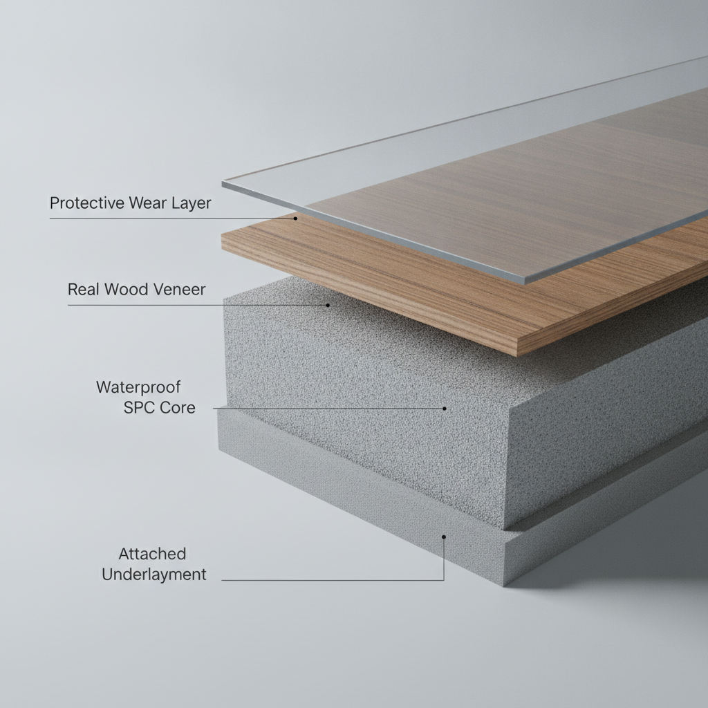 A 3D cross-section of a hybrid hardwood plank showing its layers: Protective Wear Layer, Real Wood Veneer, Waterproof SPC Core, and Attached Underlayment.
