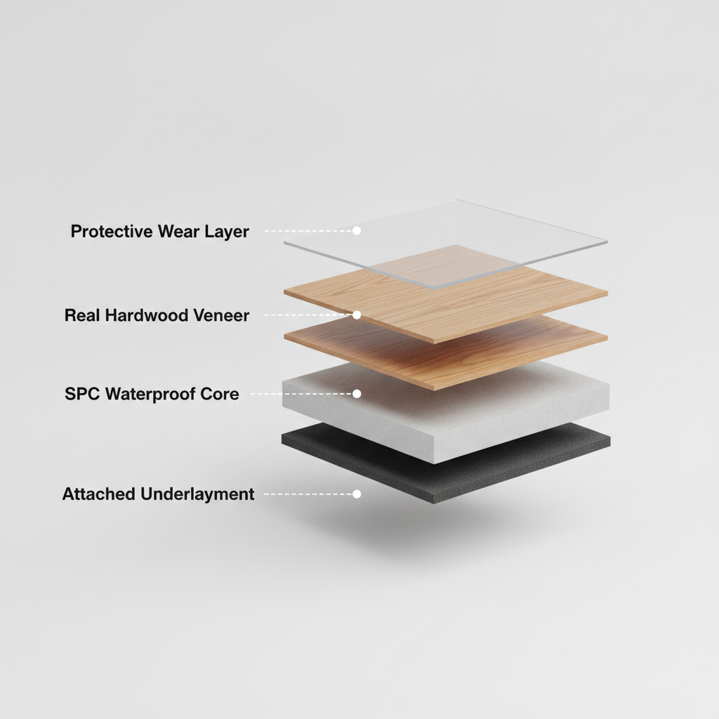 A 3D cross-section diagram of a waterproof hybrid hardwood plank, showing the distinct layers: Protective Wear Layer, Real Hardwood Veneer, SPC Waterproof Core, and Attached Underlayment.
