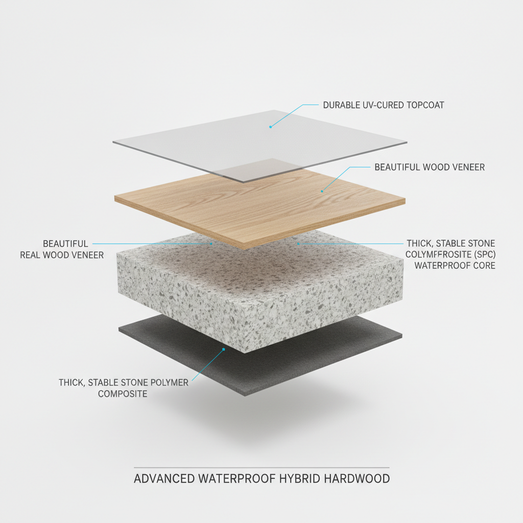 Exploded 3D cross-section view of a waterproof hybrid hardwood plank showing its layers: topcoat, real wood veneer, and SPC waterproof core.