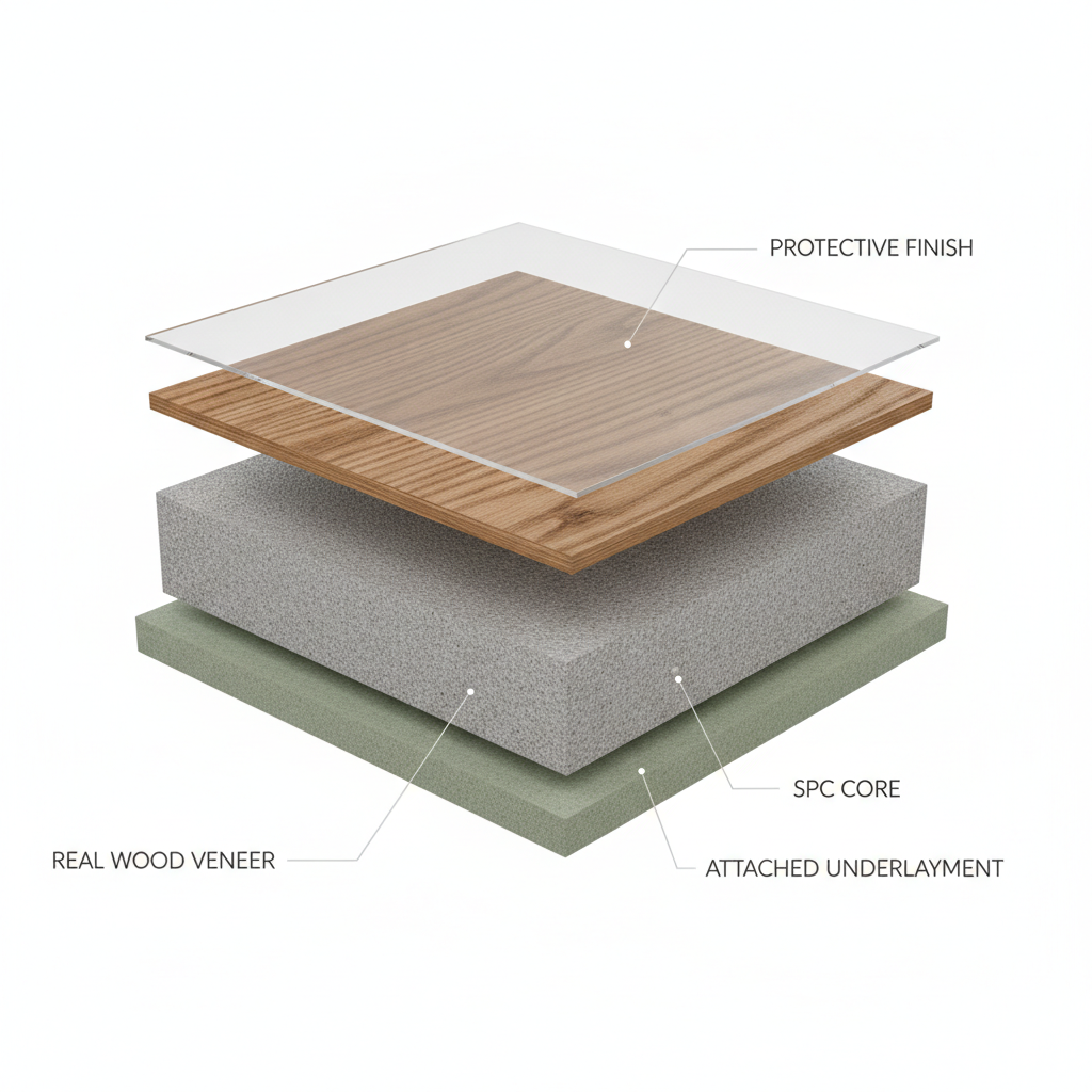 A 3D cutaway illustration showing the layers of a waterproof hybrid hardwood plank: protective finish, real wood veneer, waterproof SPC core, and attached underlayment.