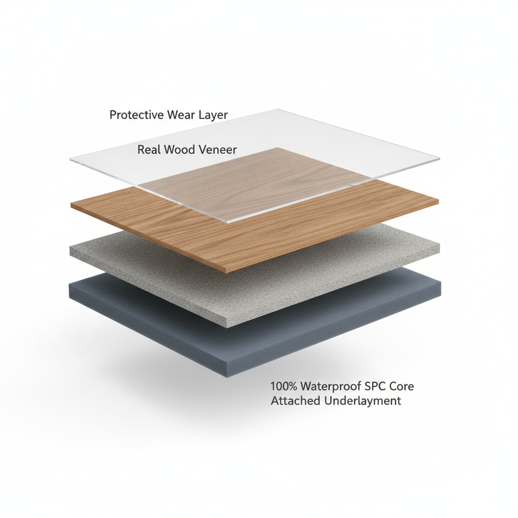 A 3D cutaway diagram of a waterproof hybrid hardwood plank, showing its four layers: protective wear layer, real wood veneer, waterproof SPC core, and attached underlayment.