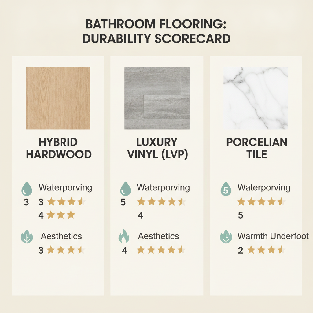 An infographic comparing Hybrid Hardwood, Luxury Vinyl, and Porcelain Tile on durability factors like waterproofing, aesthetics, and warmth.