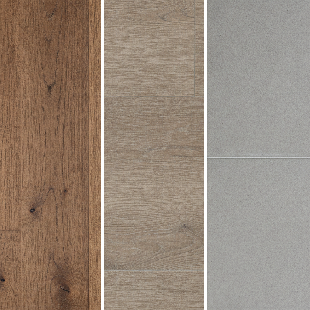 Side-by-side comparison of Bravewood hardwood, luxury vinyl plank, and porcelain tile flooring textures.