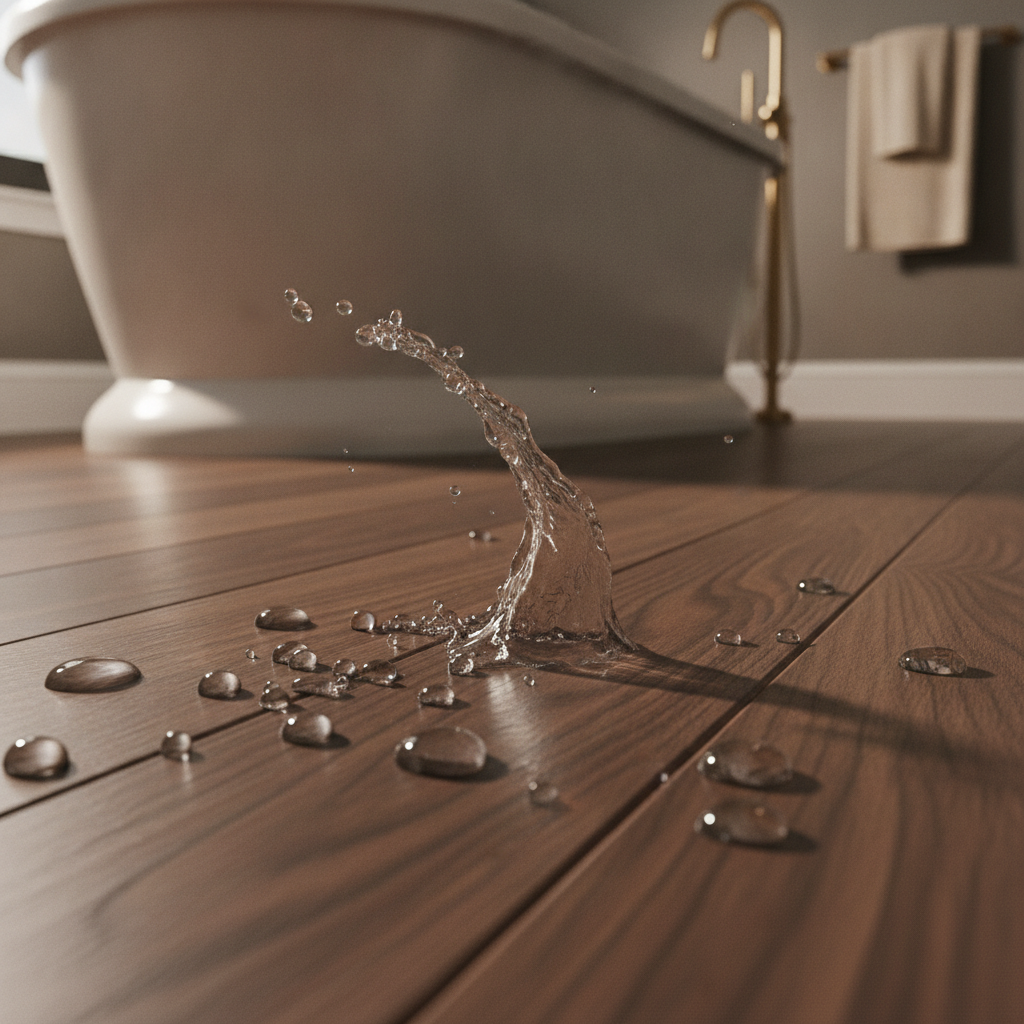 Close-up shot of water splashing from a bathtub and beading up on the surface of dark walnut Bravewood hybrid hardwood flooring, demonstrating its waterproof quality.