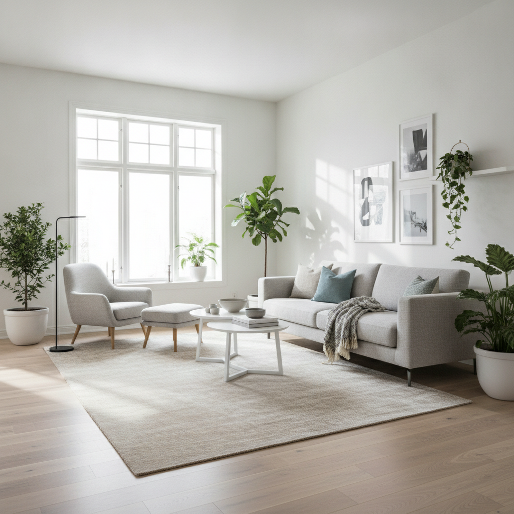 A bright, airy Scandinavian-style living room featuring light maple Bravewood flooring, minimalist furniture, and plenty of natural light.