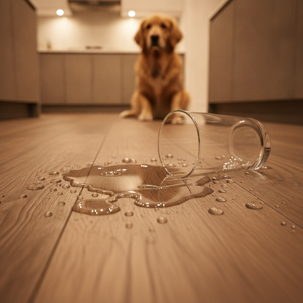 A glass of water spilled on Bravewood hybrid hardwood flooring, with the water beading up on the surface to show its waterproof quality.
