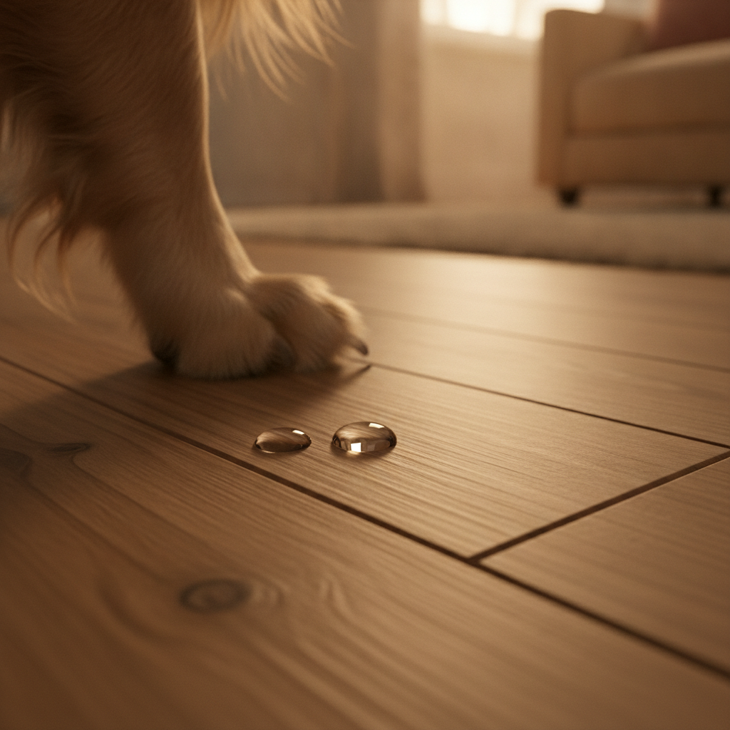 A dramatic, cinematic close-up shot of a dog's paw resting near a puddle of water on a textured hybrid hardwood floor. The water is perfectly beaded up, reflecting the light and refusing to soak into the wood grain or the seam between two planks, powerfully demonstrating the floor's waterproof technology. The scene has a warm, high-end feel, emphasizing both the beauty of the real wood texture and its resilience.