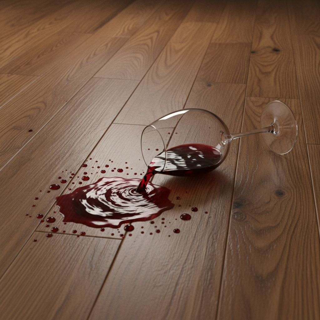 A close-up shot of red wine spilled on a Bravewood floor, beading up on the surface to demonstrate its waterproof quality.