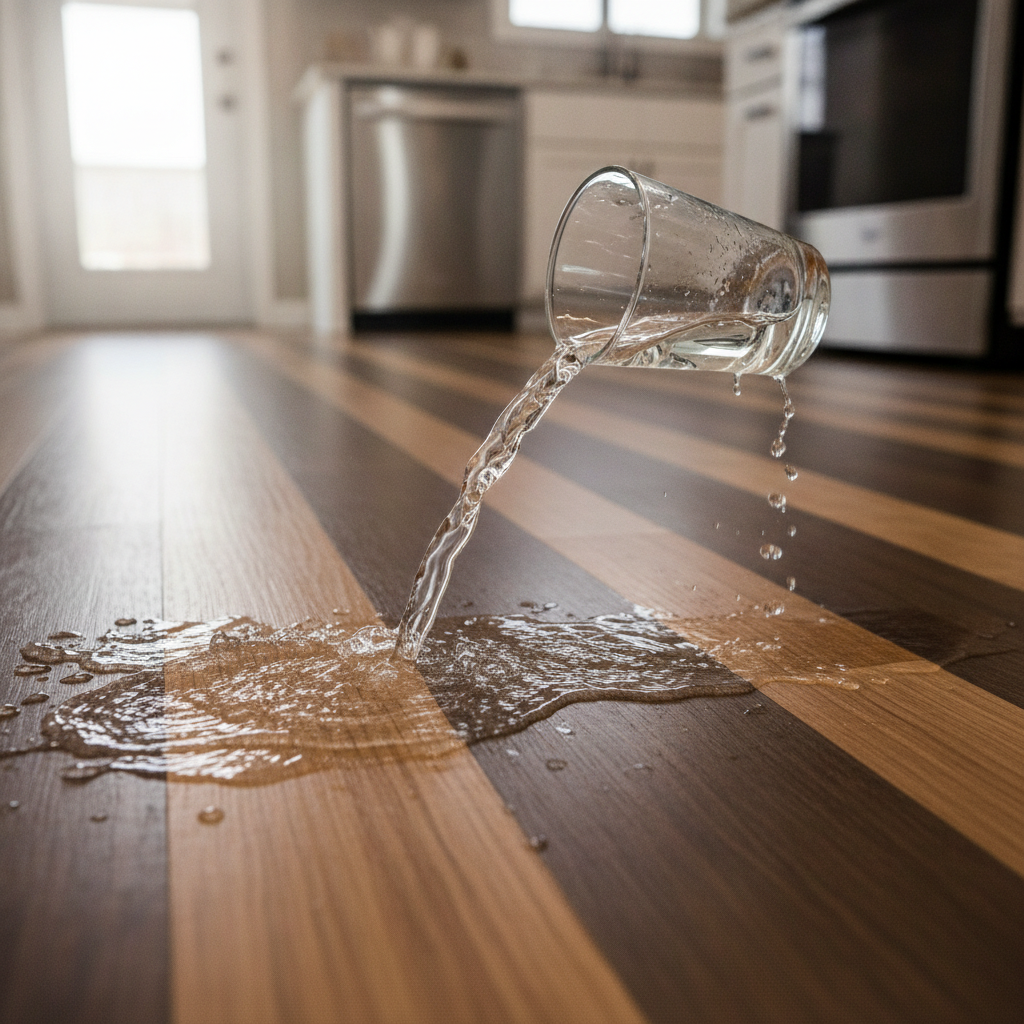 A close-up shot of water spilling and beading up on a Bravewood hybrid hardwood floor, demonstrating its waterproof quality.