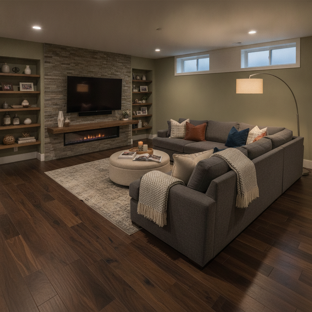 An elegant finished basement family room with a rich, dark hybrid hardwood floor, showcasing the beauty of wood flooring in a below-grade environment.