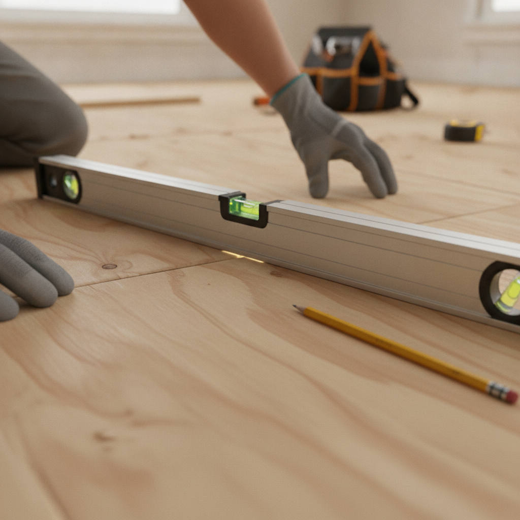 A low-angle, photorealistic shot focusing on a person's hands using a long metal level to check the flatness of a clean plywood subfloor. The focus is sharp on the small gap of light visible under the level, indicating a low spot that needs fixing. A pencil is lying nearby, ready to mark the area. The scene should convey precision, care, and the importance of preparation before installation. Mood: focused, detailed, educational.